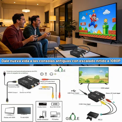 Vista 3 de RCA a HDMI AV a HDMI Convertidor 1080P Mini RCA compuesto CVBS Convertidor RCA / AV a HDMI