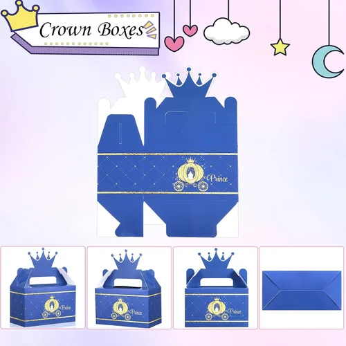 Vista 3 de Caja de premios con corona de príncipe para fiesta, caja de dulces azules y dorados, suministros de fiesta para baby shower, decoración