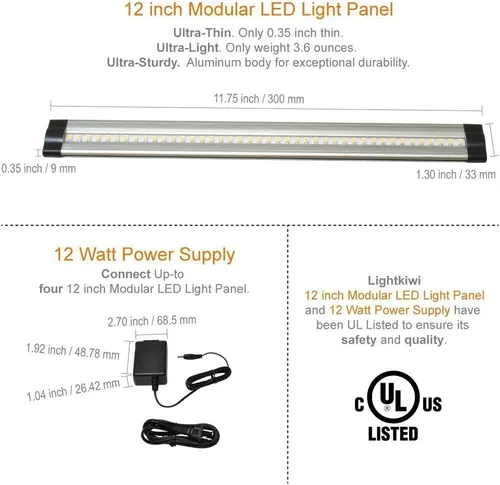 Vista 2 de Lightkiwi Kit de 3 paneles de iluminación LED regulable para debajo del gabinete, 12 pulgadas cada uno, blanco cálido (3000 K), 9 vatios, 24 V CC