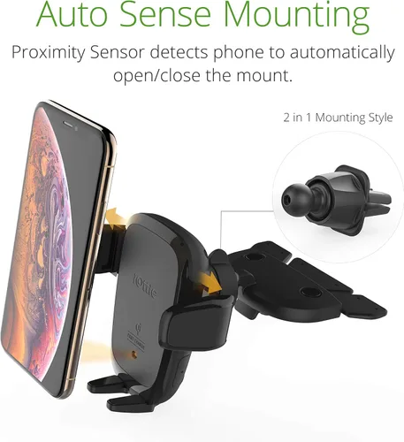 Vista 5 de iOttie Auto Sense Qi Cargador inalámbrico para automóvil + base de montaje adicional, sujeción automática de CD de carga inalámbrica y soporte