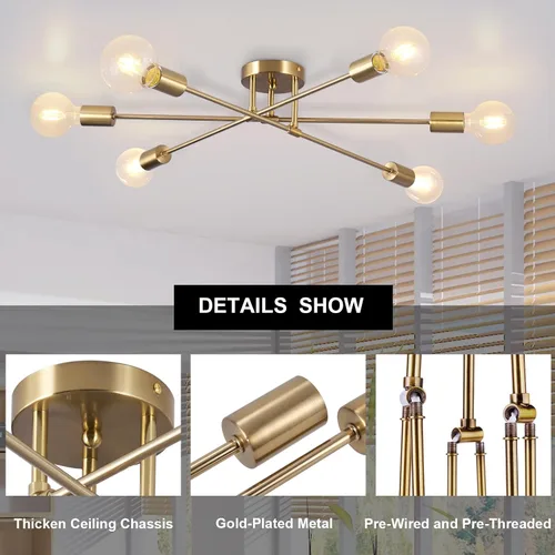 Vista 4 de Lámpara de techo semiempotrada, lámparas de araña Sputnik modernas de 6 luces en latón con base E26, lámparas de cocina estilo granja vintage