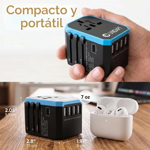 Vista 6 de Adaptador de viaje universal, adaptador de enchufe internacional Unidapt de 5.6A, alimentación inteligente 3.0A 4 USB 1 tipo C, adaptador