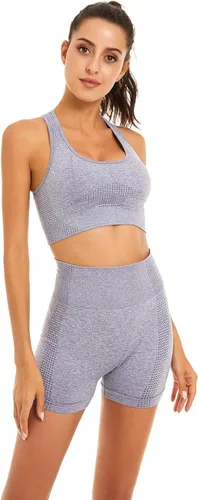 Vista 2 de Toplook Conjunto deportivo de 2 piezas para mujer, sin costuras para yoga, entrenamiento, gimnasio pantalones cortos y brasier deportivo