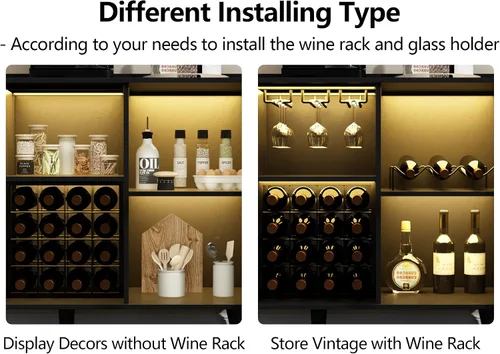 Vista 6 de Auromie Armario de bar de vinos con luz LED, gabinete de café para el hogar con estante para vino y vidrio, aparador de cocina con estantes de Negro