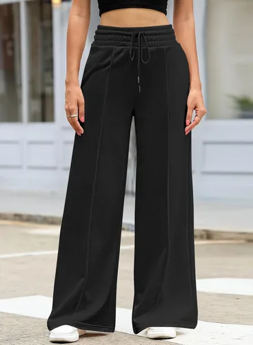 Vista 4 de Aleumdr Pantalones deportivos de cintura alta con cordón y pierna ancha con bolsillos, pantalones de yoga sueltos casuales para mujer