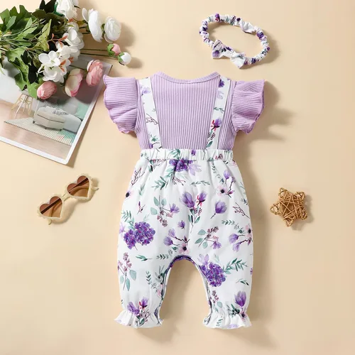 Vista 2 de ROSEBEAR Baby Girl Clothes Romper Jumpsuit Newborn Short Sleeve Ruffle Floral Suspender Pants Headband Summer Infant Outfit