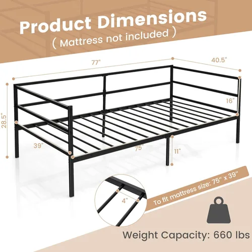 Vista 2 de Giantex Marco de cama de metal tamaño individual, cama de día con soporte de listones de metal y barandillas de 3 lados, sofá cama 2 en 1 que ahorra