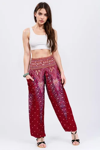 Vista 5 de Boho Aladdin - Pantalones harén para mujer, ligeros, de algodón, con cintura fruncida, pantalones de yoga Genie para descansar, viajes, festivales