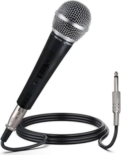 Vista 2 de Pyle Micrófono vocal dinámico profesional, bobina móvil, cardioide dinámico unidireccional de mano con soporte de micrófono, soporte universal