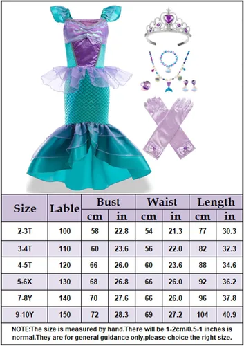 Vista 6 de Disfraz de sirena para niñas con corona morada, guantes de joyería, disfraz de princesa de Halloween