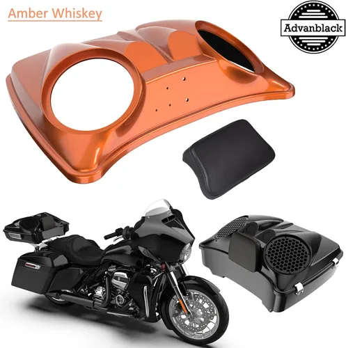 Vista 4 de Tapas de altavoz dobles de 8 pulgadas a juego para Advanblack/OEM Harley Rushmore estilo Razor, Chopped & King Tour Pak Whisky ámbar