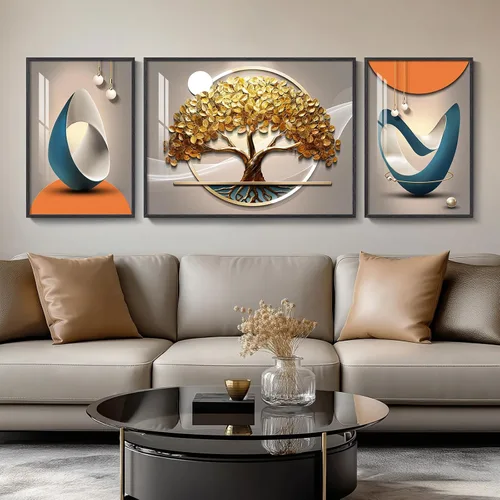 Vista 37 de Arte de pared moderno enmarcado en blanco y negro, 3 piezas de impresiones contemporáneas grandes para paredes, juego de 3 imágenes de hojas doradas