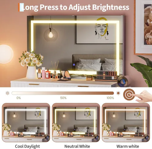 Vista 7 de Escritorio estriado con espejo y luces, tocador de maquillaje con 2 cajones, 3 modos de iluminación de brillo ajustable, tocador para dormitorio