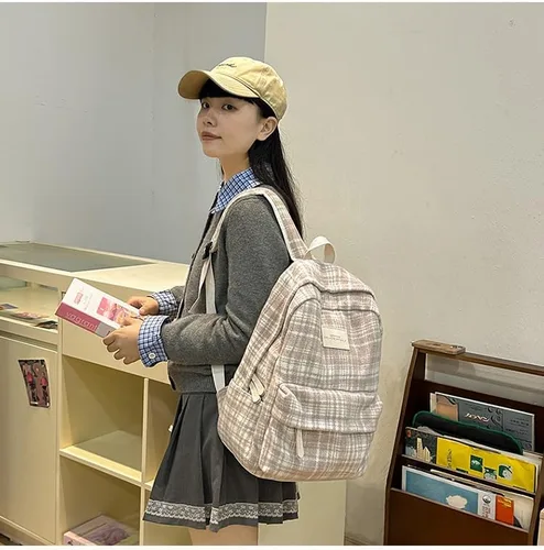 Vista 6 de Bonita mochila de pana para el hombro, mochila Y2k vintage para laptop para mujeres y hombres, mochila grande de viaje para uso diario, Beige