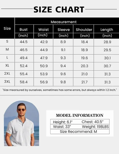 Vista 6 de COOFANDY Camisas Henley para hombre, cuello de banda, camisa de manga corta, casual, para verano, playa, hippie, camisa hawaiana de moda