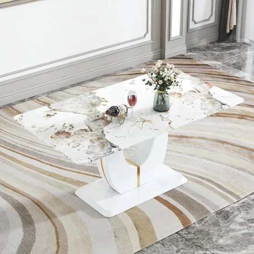 Vista 22 de JUFU Mesa de comedor de mármol sintético de 63 pulgadas para 4-6 personas, moderna mesa rectangular de cocina y comedor, mesa de MDF de aspecto