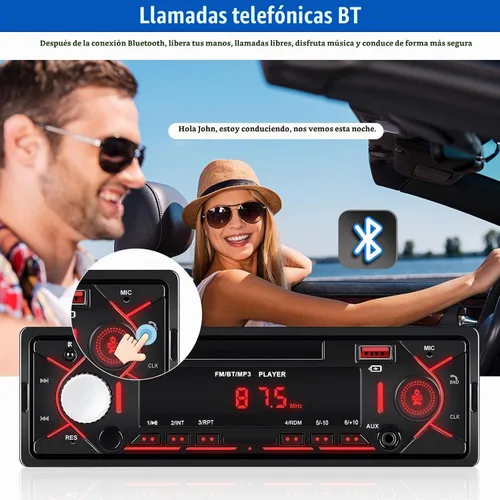 Vista 2 de Radio estéreo multimedia Bluetooth de un solo DIN, reproductor de MP3 de audio para automóvil, compatible con llamadas manos libres/USB/FM/TF/AUX