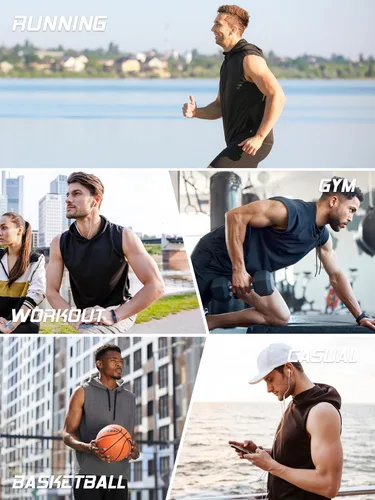 Vista 6 de Paquete de 3 sudaderas sin mangas para hombre, de secado rápido, con capucha, para correr, gimnasio, muscular, camisetas sin mangas