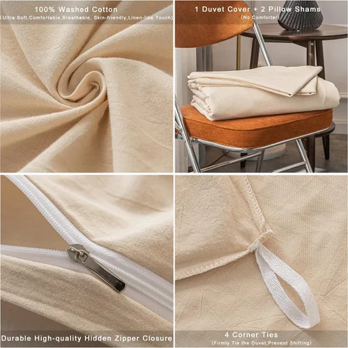 Vista 6 de Janlive Funda de Edredón de Algodón Lavado Twin Ultra Suave 100% Algodón Color Sólido Beige Juego de Funda de Edredón con Cierre de Cremallera - 2