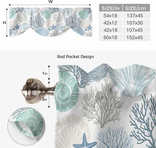 Vista 7 de Cenefa de amarre para ventanas, cortinas náuticas costeras de coral, cenefas con bolsillo para barra, cortinas de ventana con temática de playa