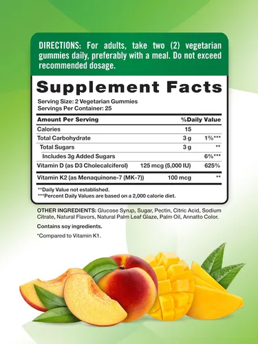 Vista 2 de Nature's Truth Gomitas de vitamina D3 + K2 50 unidades Sabor melocotón y mango Suplemento vegetariano, sin OMG y sin gluten
