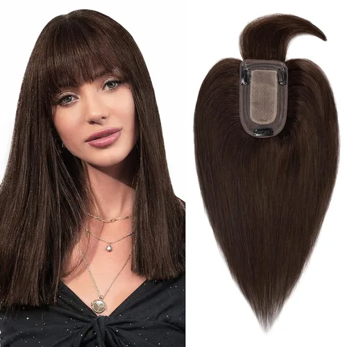 Vista 14 de Benehair Peluca de cabello con clip con flequillo, peluca secreta de cabello 100% humano, postizo superior con flecos, peluca de repuesto