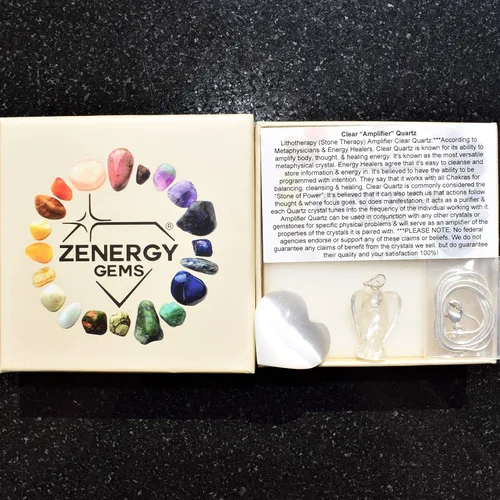 Vista 5 de Zenergy Gems Colgante de ángel de cristal natural tallado a mano con selenita cargado + cargador de corazón hinchado de bolsillo de selenita