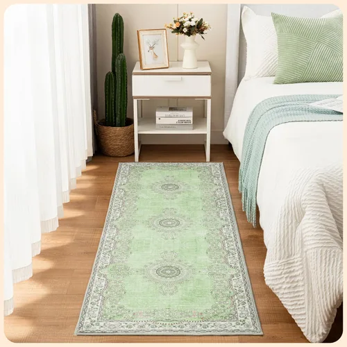 Vista 325 de Istana Alfombra larga antideslizante de 2.5 x 8 para el hogar, para pasillo y cocina, lavable, sedosa y suave al tacto, elegante, color azul y marfil