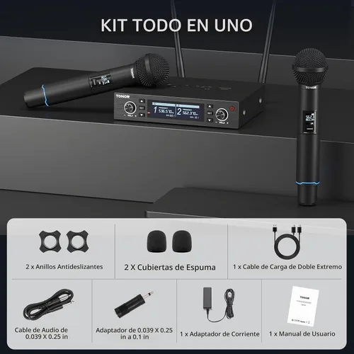 Vista 8 de TONOR Sistema de Micrófono Inalámbrico, Escaneo Automático y Emparejamiento Micrófono Inalámbrico Recargable Profesional, Set de 2x100 UHF