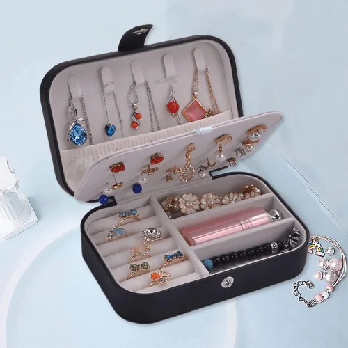 Vista 5 de Organizador de joyas, organizador de joyas de viaje, de piel sintética, portátil, caja de almacenamiento de joyas para mujeres y niñas, aretes
