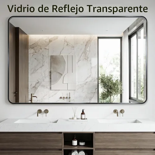 Vista 5 de Koonmi Espejo de baño, 30 x 36 pulgadas, espejo con marco de metal negro para baño, vidrio templado, antioxidante, espejo rectangular redondeado