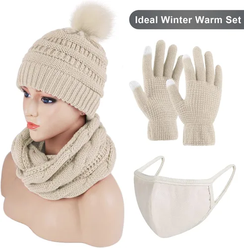 Vista 5 de URATOT Conjuntos de punto cálido de invierno, gorro de punto, bufanda, cubierta facial, guantes para pantalla táctil, para hombres y mujeres