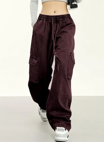 Vista 4 de Dokotoo Pantalones cargo de cintura alta y pierna ancha para mujer, con 6 bolsillos, holgados, informales, de combate, militares