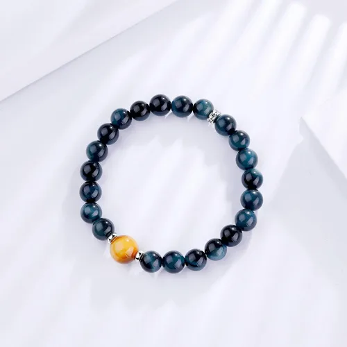 Vista 4 de Pulsera de ojo de tigre para hombres y mujeres, pulsera de cuentas de piedra azul, pulsera de pareja de plata de ley 925, regalo de joyería, Piedra