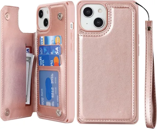 Vista 16 de iCoverCase Funda compatible con iPhone 14 Plus con tarjetero para mujer, bloqueo RFID en relieve, piel sintética con correa de muñeca de 6.7
