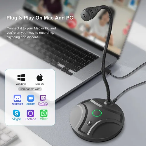 Vista 4 de Micrófono USB para computadora Plug & Play, cuello de cisne flexible y botón de silencio LED, micrófono de escritorio para juegos, YouTube