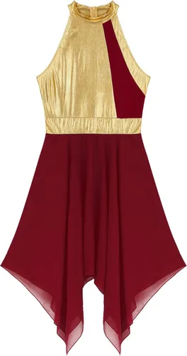 Vista 4 de Vestido de mujer de alabanza litúrgica con bloques de color, sin mangas, con dobladillo irregular, de estilo lírico para danza Borgoña