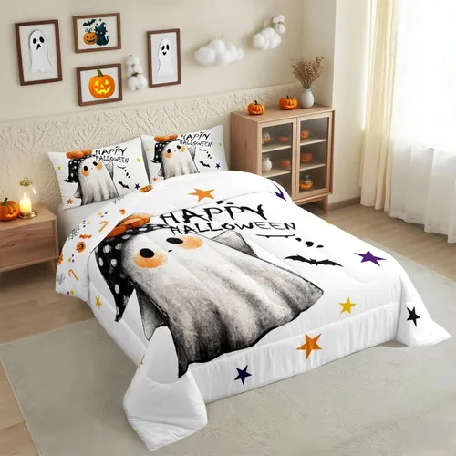 Vista 39 de Feelyou Juego de edredón de calabaza para todas las estaciones, decoración de Halloween, juego de ropa de cama con 1 funda de almohada, microfibra