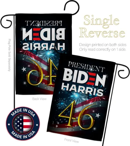Vista 3 de Biden Harris Flag Juego de bandera de jardín President 46 con soporte de pared para votación patriótica, fiesta de té republicana demócrata