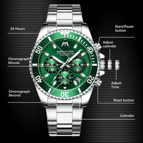 Vista 6 de MEGALITH Relojes para hombre, de acero inoxidable, resistente al agua, analógico, de cuarzo, moderno, de negocios, cronógrafo, con fecha automática