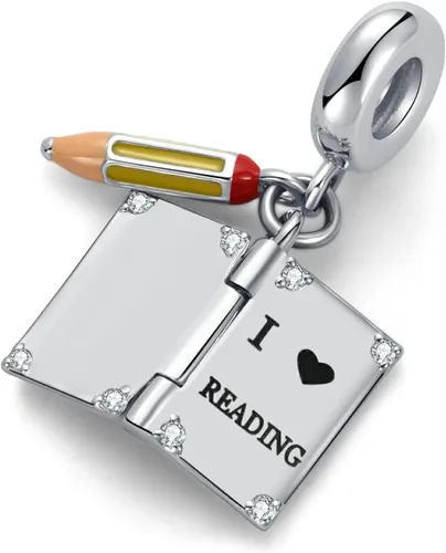Vista 3 de Abalorio de libro con texto en inglés "I Love Reading" compatible con pulseras Pandora para mujeres y niñas