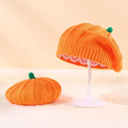 Vista 7 de Gorro de boina de punto de calabaza, gorro de felpa para niños pequeños, lindo gorro cálido de invierno para bebé, madre, adulto, Halloween