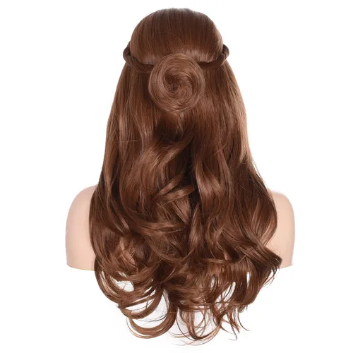 Vista 4 de Peluca de cabello sintético largo ondulado marrón con trenzas para mujer, pelucas de cosplay (marrón claro)