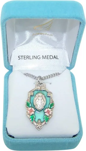 Vista 2 de Colgante de medalla milagrosa de plata de ley con esmalte azul, 1 15 pulgadas, Sterling