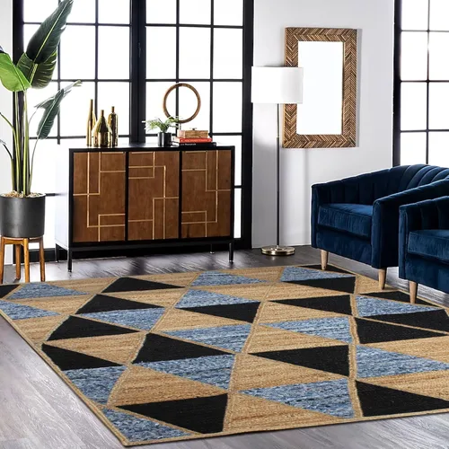 Vista 2 de Chindi - Alfombra cuadrada de yute de algodón de 3 pies, diseño beige y multicolor, patrón geométrico trenzado a mano de yute para interiores