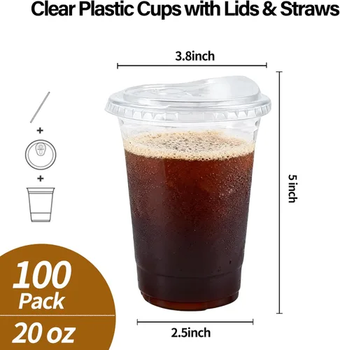 Vista 2 de Paquete de 100 vasos de plástico transparente de 20 onzas con tapas y pajitas, tazas de café helado resistentes y seguras para alimentos con tapas