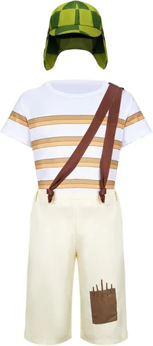 Vista 4 de Kids Costume Striped T-shirt Hat Straps Pants Outfit Halloween Cosplay Uniform Set