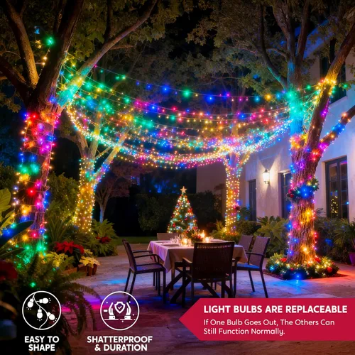 Vista 7 de JOYIN 200 luces LED de Navidad multicolor, 8 modos de luces de árbol de Navidad enchufables, luces parpadeantes de hadas conectables de 66 pies