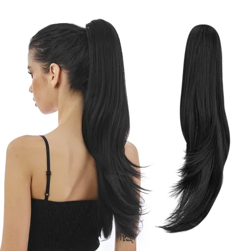 Vista 26 de Extensión de Cola de Caballo, Extensión de Cabello con Garra Larga de 20", Piezas de Cabello Sintético Ondulado Liso con Clip en Peluca de Cola