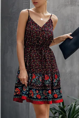 Vista 3 de PRETTYGARDEN - Vestido corto floral de verano, cuello en V, tirantes delgados, abotonado, vestido de verano, vestido mini de verano con volantes